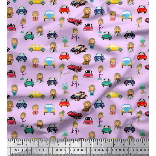 Soimoi Crepe Silk Fabric Cartoon Girl & Car Transport Print Fabric by Yard 42 Inch Wide