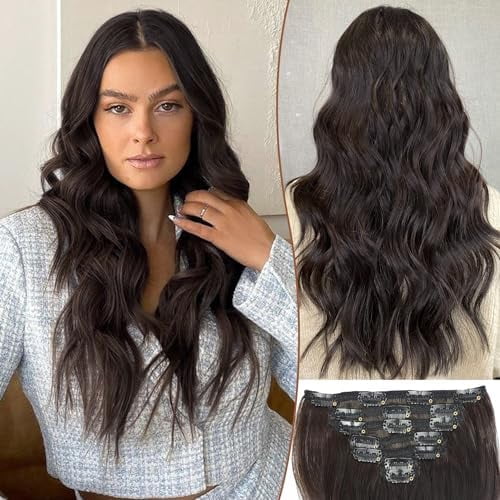 Clip in Hair Extensions for Women,7PCS 16 Inch Dark Brown Hair Extensions Clip Ins Soft and Hair Pieces for Women Thick Long Wavy Hair