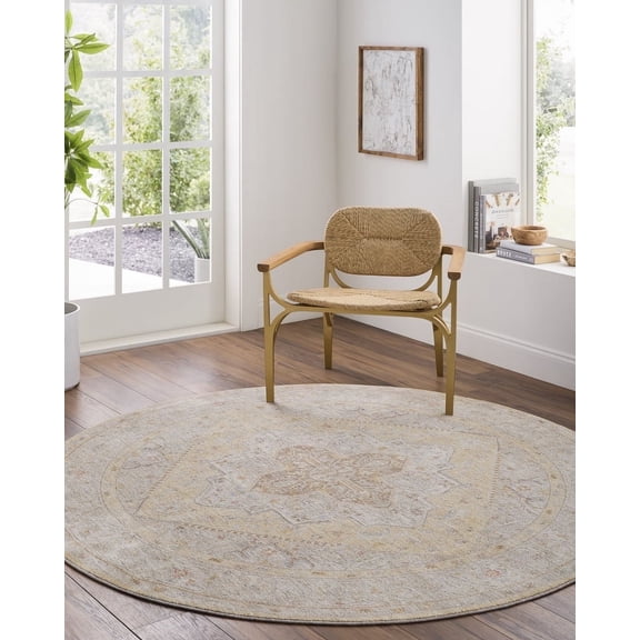 Livabliss Area Rugs for Living Room, 7ft Round Avant Garde Traditional Light Olive Round Rug, Bedroom Dining Room Home Decor Stain Resistant Carpet (6'7" x 6'7")