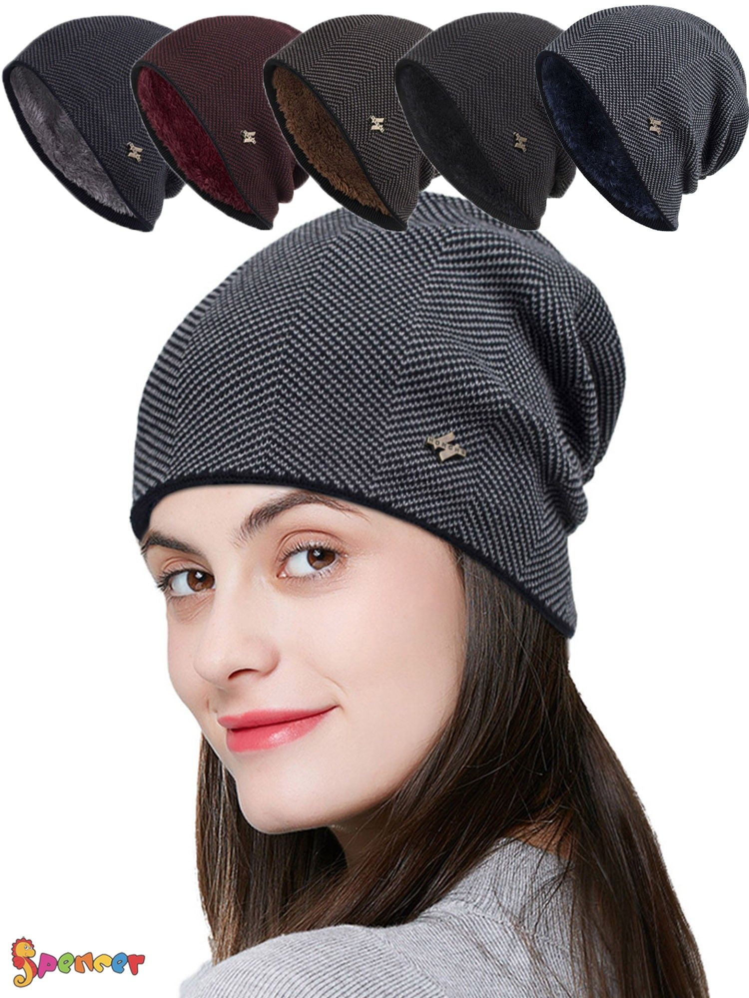 Unisex Fur Pom Pom Knit Slouchy Baggy Beanie Fur Lined Winter Hat Ski Cap Skull 