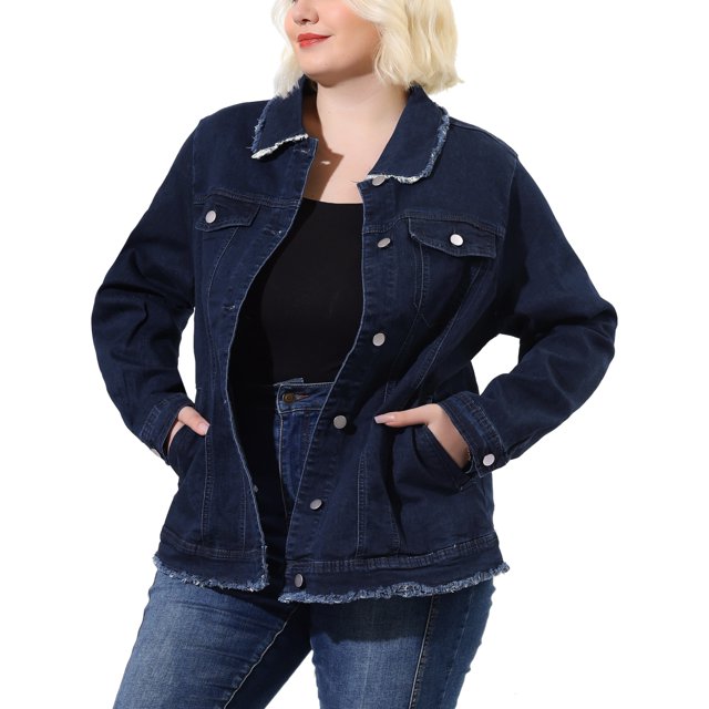 Women's Plus Size Denim Jacket Turndown Collar Chest Pocket Frayed Washed Crop Jean Jackets Dark Blue 2X