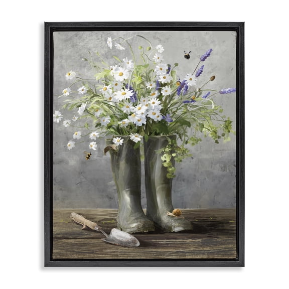Stupell Industries Farmhouse Gardening Boots Bouquet Black Floating Frame Canvas Art, 17 x 21, by Danhui Nai