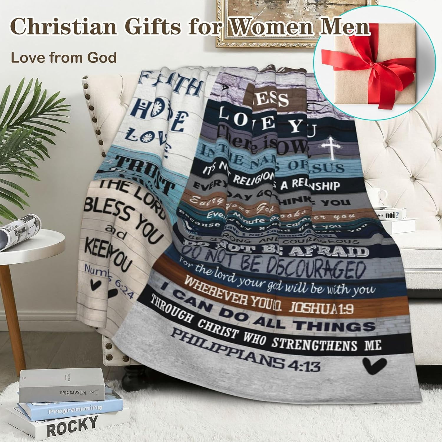 Christian Blanket Birthday Gifts for Women Men, Inspirational Scripture Throw Blanket with Bible Verse Religious Gifts (Navy, 60x80 inch, Navy Letter)