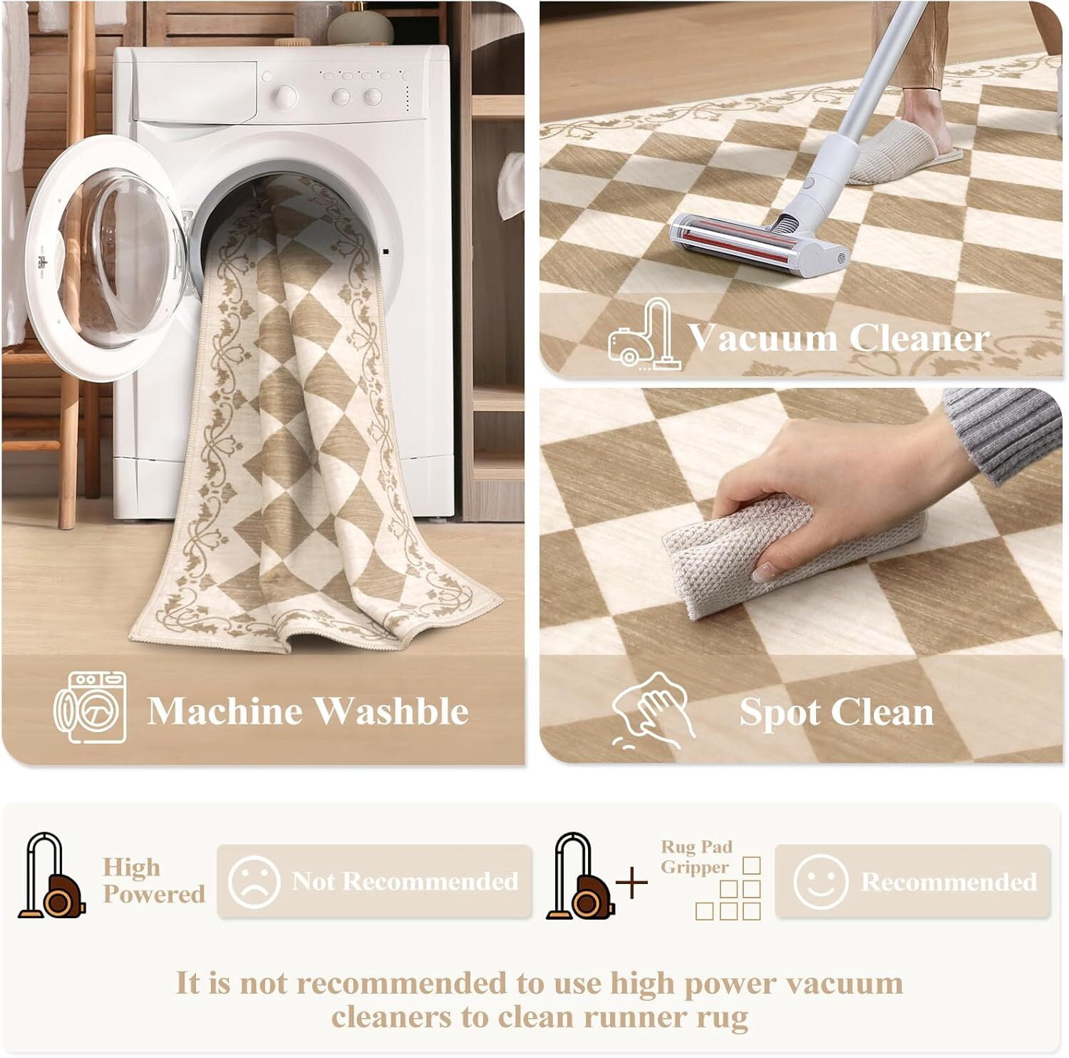 RUG ROBOT 2.5' x 8' Runner Rug for Hallway, Non Slip Washable Checkered Rug for Kitchen, Beige Neutral Bathroom Home Decor Plaid Diamond Low Pile Print Carpet for Entryway Bedroom Laundry