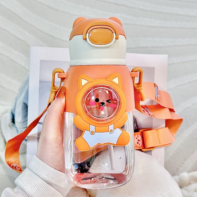 Taza de agua con pajita para niños de 660 ml, botella deportiva bonita a prueba de fugas (naranja)