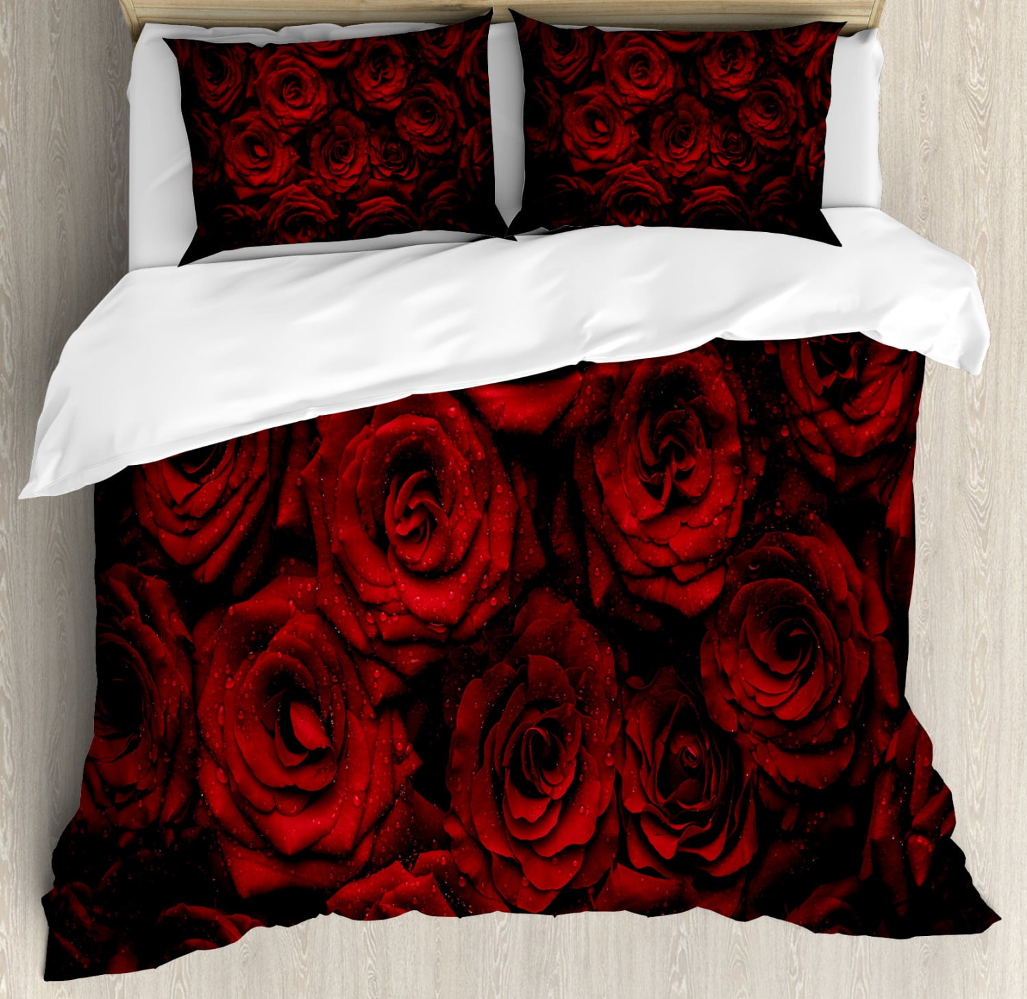 Dark Red Duvet Cover Set, Image of Red Roses with Drops of Water
