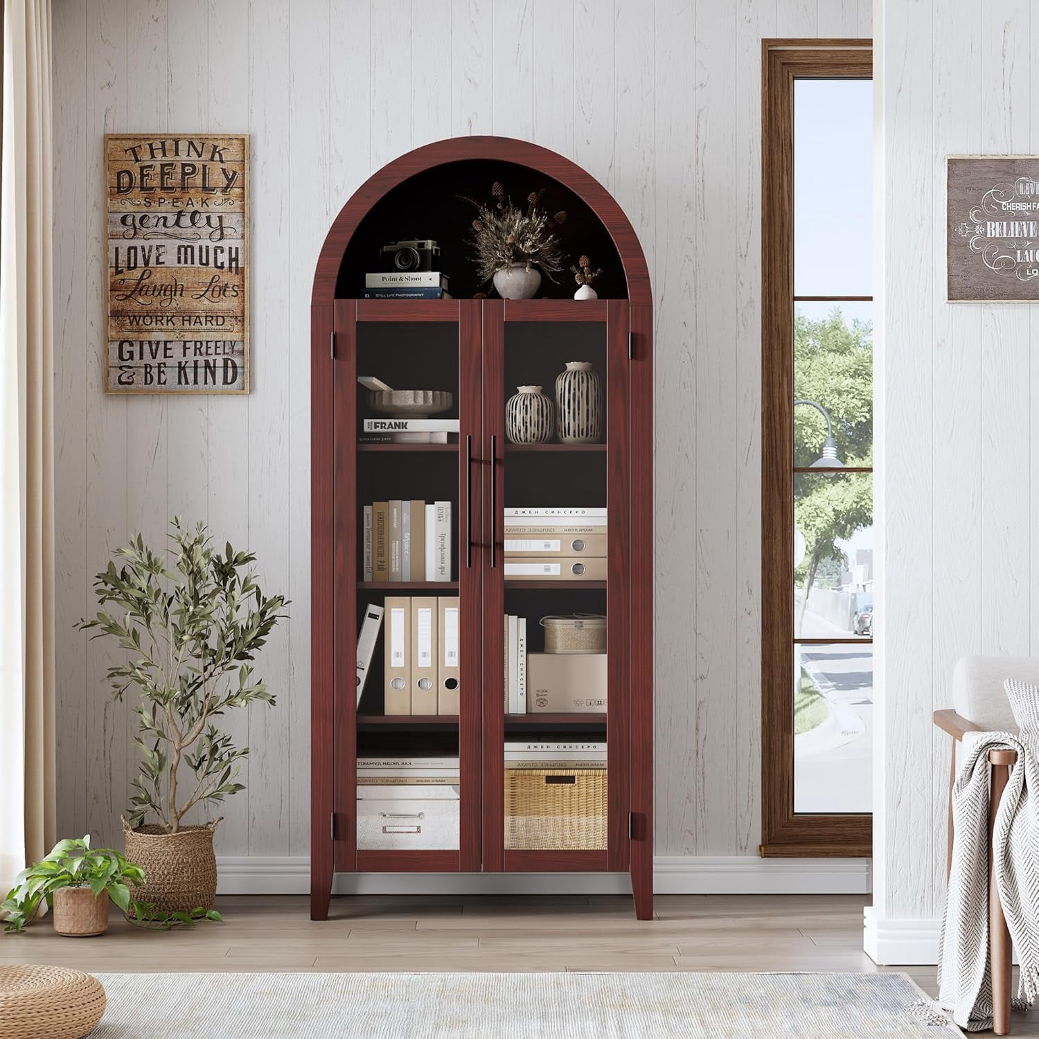 Memoryfield Farmhouse 5 Tier Bookcase Display Shelf, with Adjustable Shelf and 2 Large Glass Doors, Arched Kitchen Pantry Cabinet, Versatile Storage Cupboard, Walnut