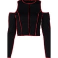 thumbnail image 1 of xiaxaixu Femmes Crop Top Patchwork Froid Épaule Manches Longues Col Rond T-Shirt, 1 of 8