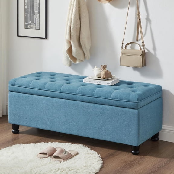 Sudwesto 48” Mid-Century Storage Ottoman , Linen Upholstered End Bed , Button Tufted Entryway with Wood Legs, Bedroom for Bedroom, Hallway (Light Blue)