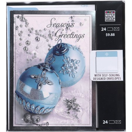 24 Contemporary Themed Holiday Cards and Envelopes, Blue Ornament