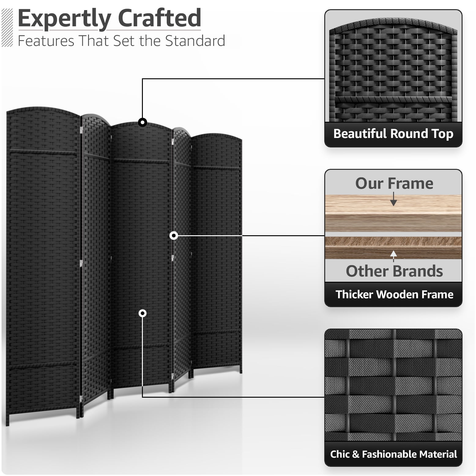 Sorbus 5-Panel Wide Folding Room Divider Privacy Screen, Hand-Woven Black Mesh