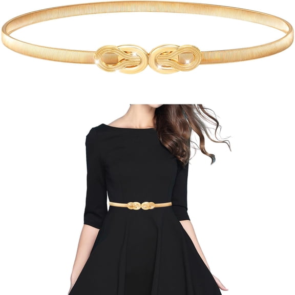 Elastic Skinny Waist Belt for Women, Gold Thin Elastic Chain Belt with Metal Buckle for Dresses Ladies Dress Waist Band