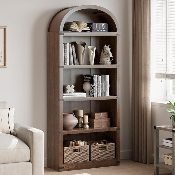 5-Shelf Arched Bookcase, 71.65" Tall Farmhouse Wooden Bookshelf with Metal Corner Protection, Display Storage Rack for Home Office, Living Room, Bedroom