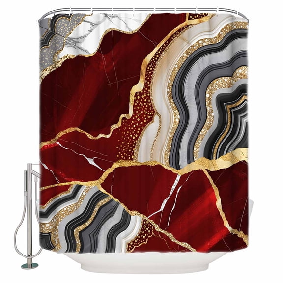 Red Marble Bathroom Shower Curtains with 12 Hooks Polyester Waterproof Shower Curtain for Stalls and Bathtubs Grey Gold Texture Vintage Farmhouse Art Decorative Bathroom Privacy Curtain 66x72 Inches