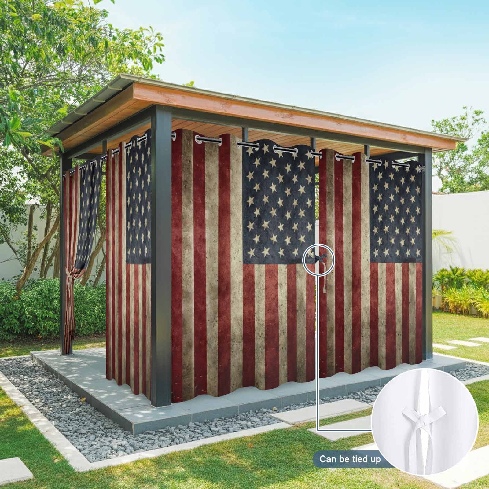 Vintage U.S. Flag Outdoor Curtains for Patio, Red White Striped Star Independence Day Sunshade Privacy Drapes Grommet Waterproof Outside Curtains for Porch/Cabana/Balcony 54"x 108", 1 Panel