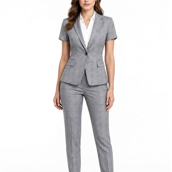 AZoiNM Women's Checkered Suit Set One Button Blazer Short Sleeve Tapered Pants