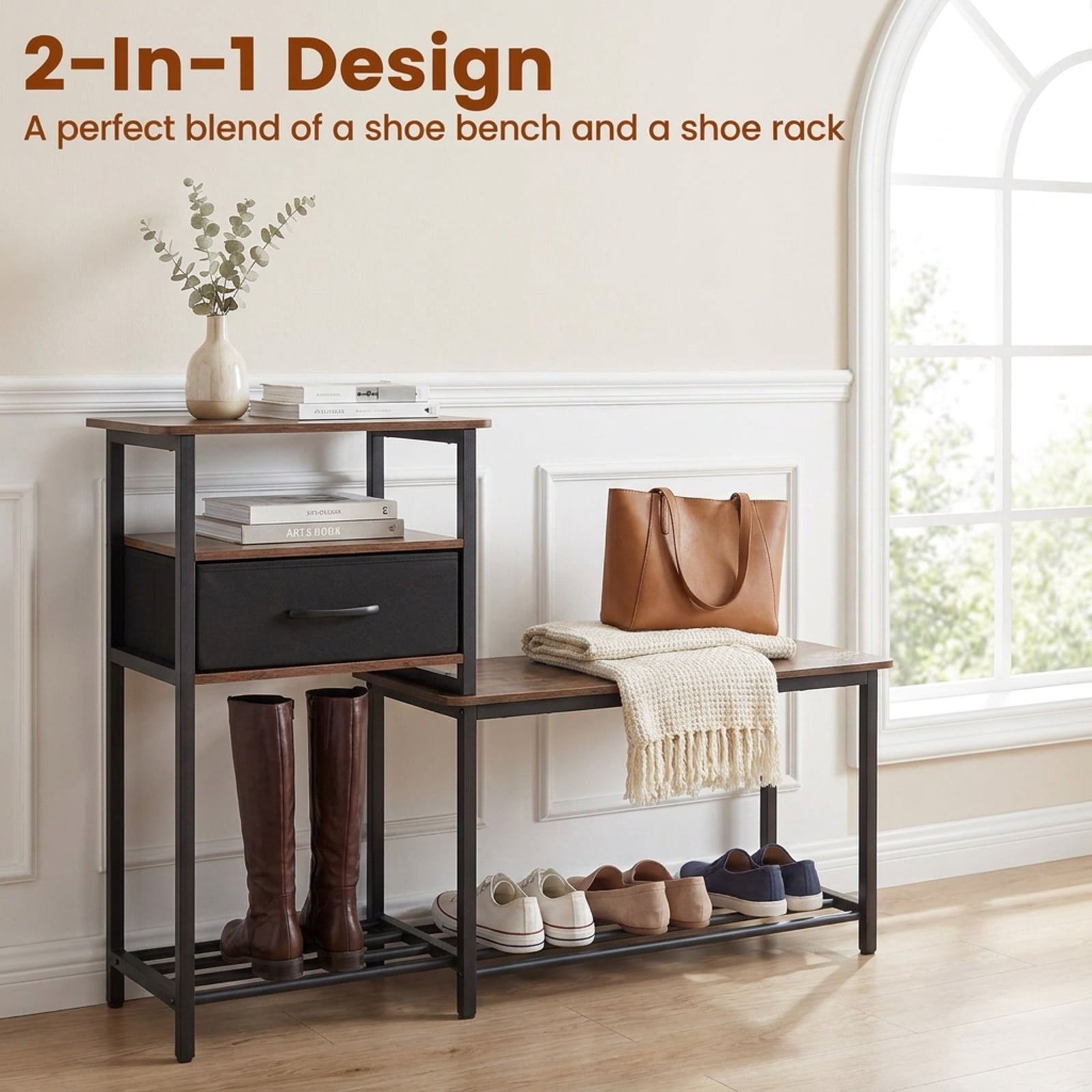 Furnibear 3 Tier Shoe Storage Rack Bench with Fabric Drawer and Metal Frame for Entryway Shoe Bench with Storage, Rustic Brown