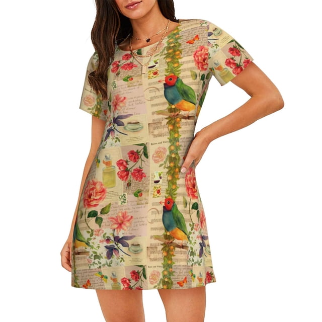 Easygdp Vintage Bird Camisón de manga corta para mujer, informal, estampado