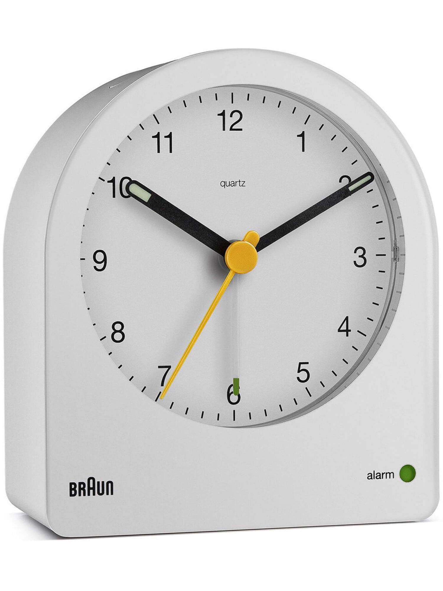 Braun Classic Analogue Alarm Clock with Snooze and Continuous Backlight, Quiet Quartz Movement, Crescendo Beep Alarm in White, model BC22W.