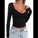 thumbnail image 2 of Camisetas de Larga con Cuello en V para Mujer, Top Corto con Doble Forro y Copas con Costura para Salir. Negro S, 2 of 10