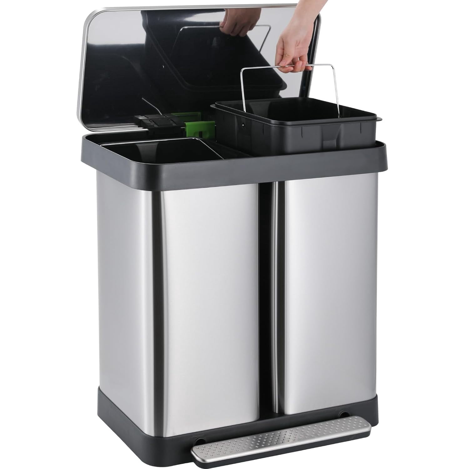 Arlopu 16 Gallon / 60L Dual Trash Can, Stainless Steel Kitchen Garbage Can with Soft-Close Lid, Home Office Classified Recycle Bin