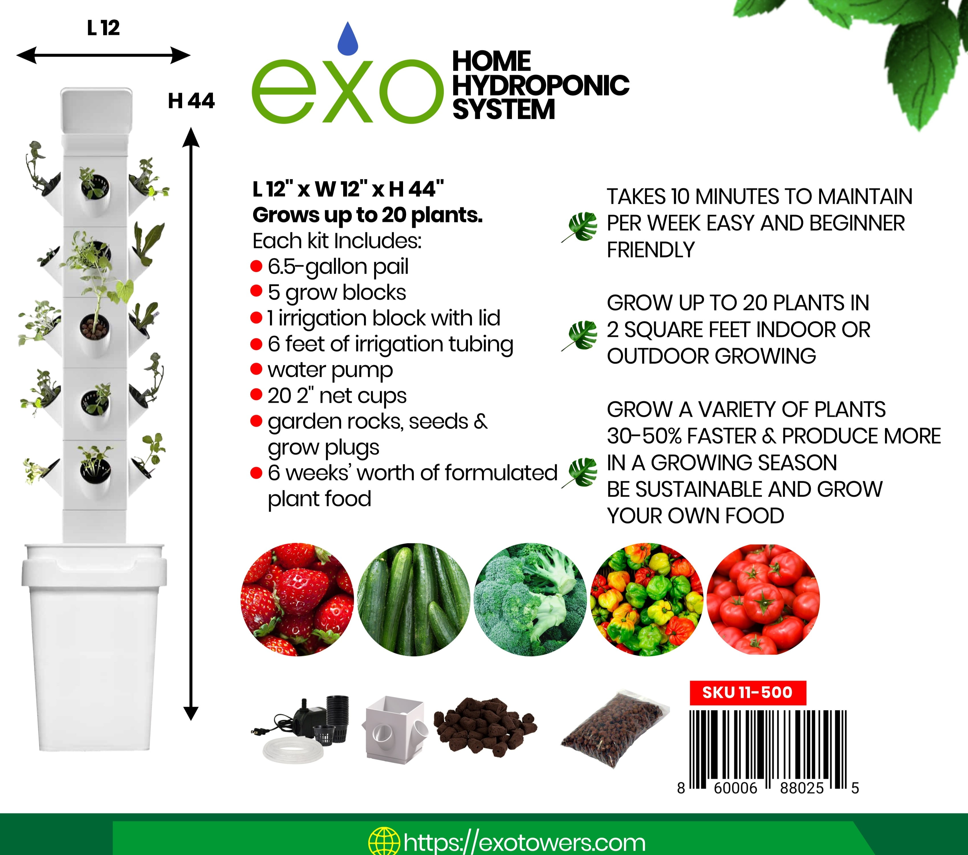 Exo Hydroponics 5 Tier Vertical Garden Planter Tower, Vertical gardening Indoor/outdoor, 20 Stacking Garden Pots, Includes Irrigation Tubing & Water Pump, 100% Money Back Guarantee