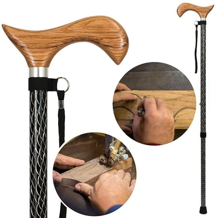 Walking Cane, Adjustable and Lightweight Engraved Aluminum Cane, Single Point Walking Stick with Wooden Handle, Wrist Strap and Rubber Tip - Black with Red Oak Hand