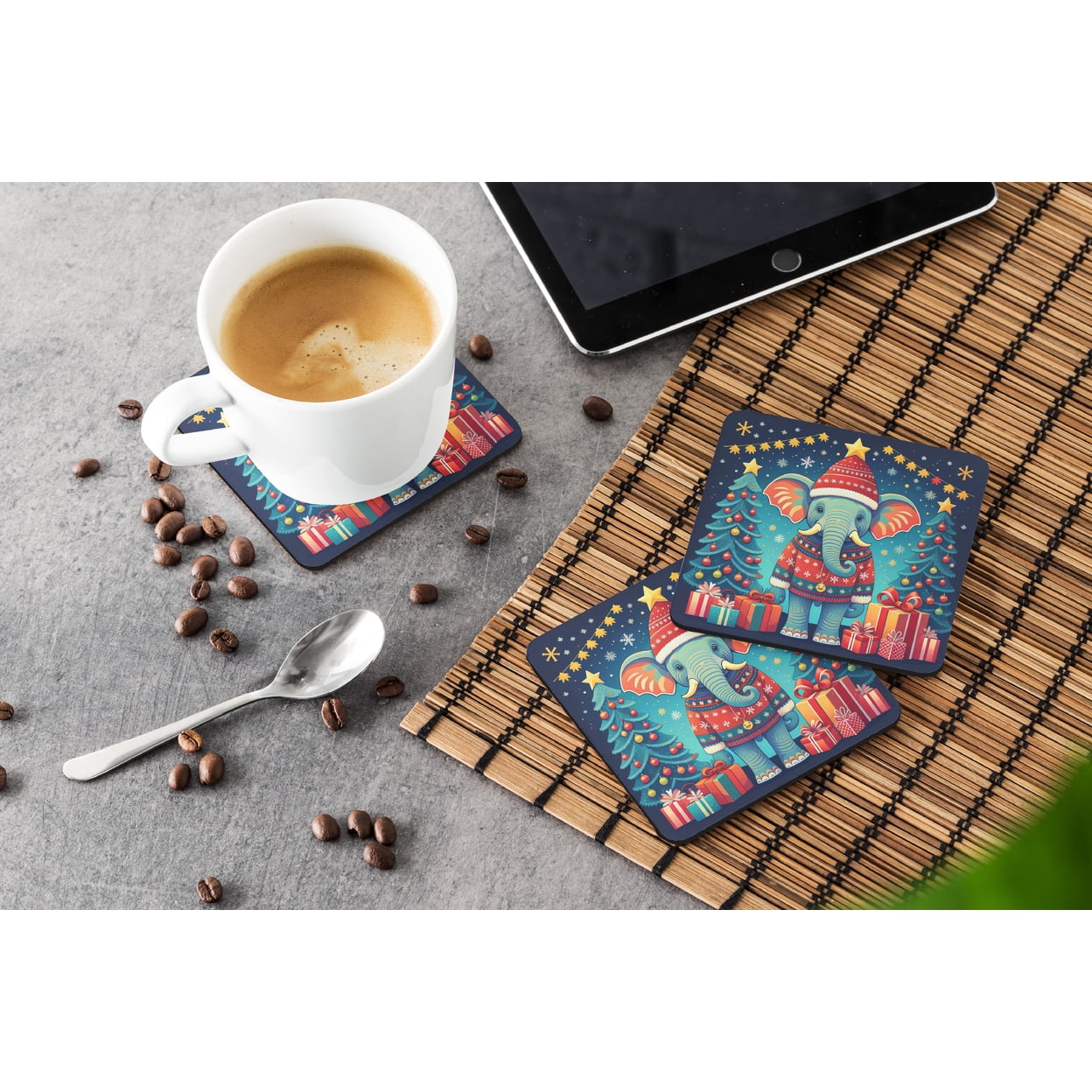 Elephant Christmas Foam Coaster Set of 4 3.5 in x 3.5 in