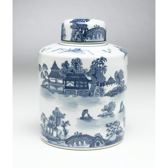 Zeckos AA Importing 59721 Blue And White Round Jar With Lid