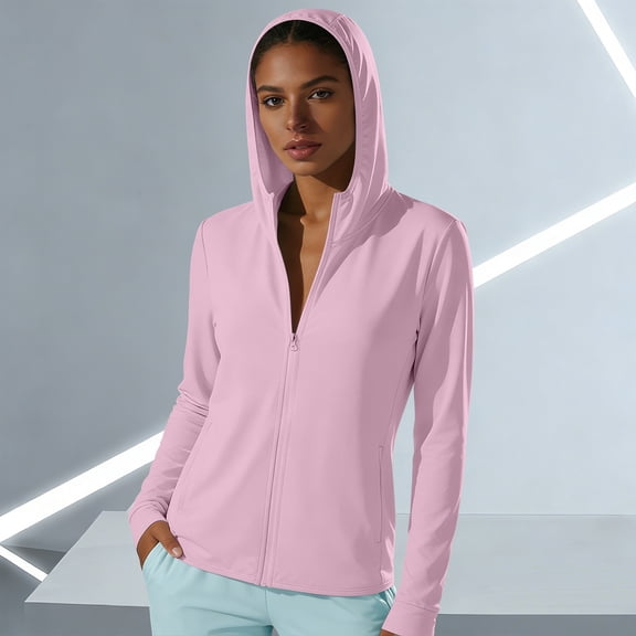 HBYJLZYG Women's Hooded Full-Zip Sun Shirt with Cooling Stretch Fabric and Side Pockets, Lightweight Long Sleeve Active Jacket in Solid Color Sporty Style