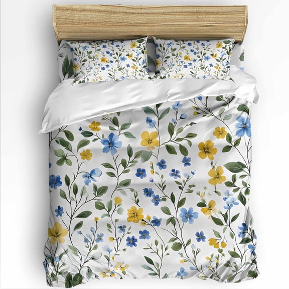 Blue Yellow Floral Full Size Comforter Set, Spring Flowers Leaf Watercolor Plant Soft Bedding for All Seasons, 4 Pcs Bed Set with 1Comforter (86"x86") ,1 Sheet(80"x116"), 2 Pillowcases (19"x29")