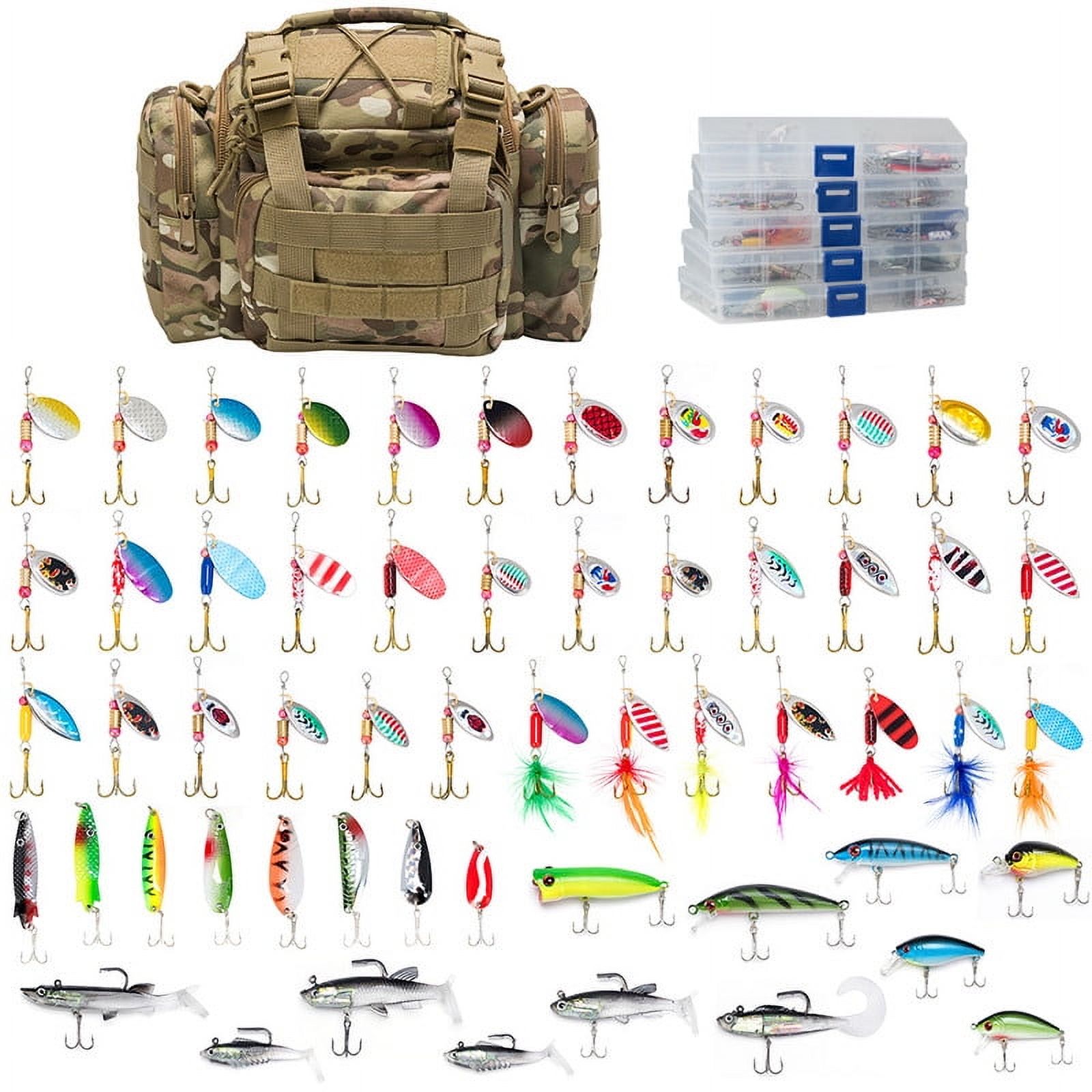 Dr. Fish Fishing Tackle Boxes Starter Kit with Camo Bag 60-Piece Lure Kit Soft Plastics for Trout, Bass & Salmon