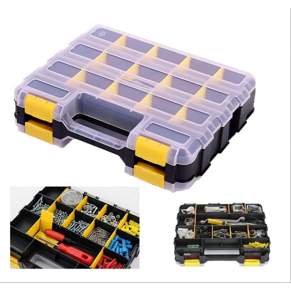 Double-Sided Parts Organizer with Dividers - 34 Compartment Hardware Box for Screws, Nails, and Small Storage, Black and Yellow