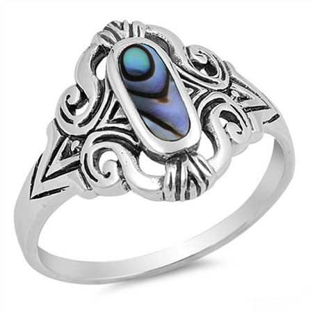 Abalone Shell Gemstone - Long Simulated Abalone Fluer De Lis Design Ring New .925 Sterling Silver Band Size 9