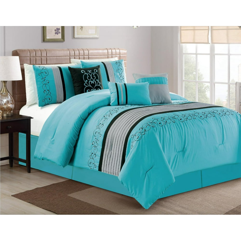 Empire Home Oversized 7-Piece Black & Teal Embroidered Bedding