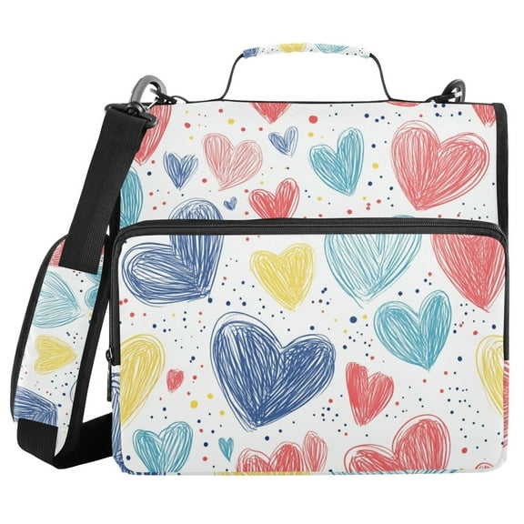 3 Ring Zipper Binder with Shoulder Strap Waterproof Trapper Keeper 1.5 Inch D-Ring 500 Sheets Capacity Hand Drawn Red Blue Yellow Hearts