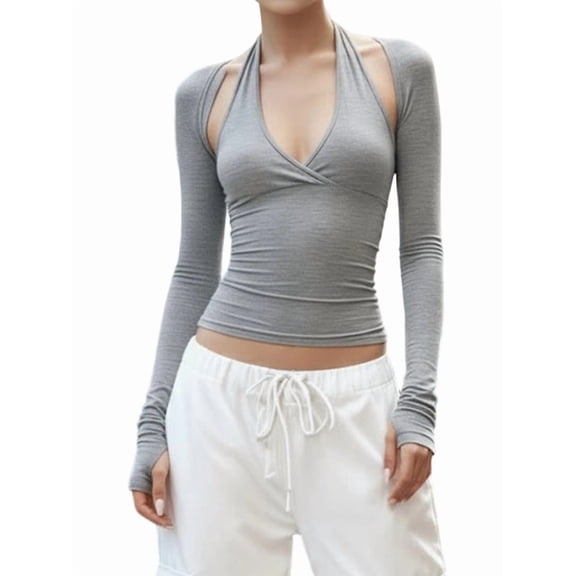 Women Wrap Top Y2k Long SLeeve Ballet Workout Yoga Shirt Gray S