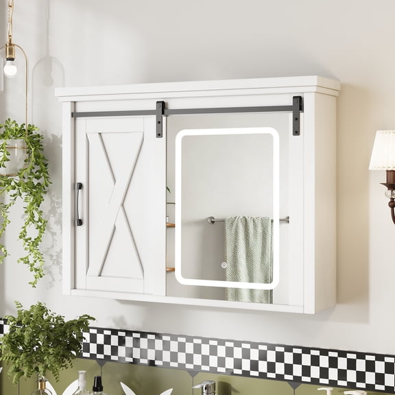 VEANERWOOD 31.5" Laundry Room Wall Cabinets with LED Lighting Mirror, Bathroom Cabinets Wall Mounted with Sliding Door for Bathroom Laundry Room Kitchen, White