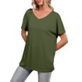 thumbnail image 2 of Camiseta suelta para mujer, manga corta, cuello en V, camisetas casuales sólidas de gran tamaño, tal Abanopi Verde/XX-grande, 2 of 7