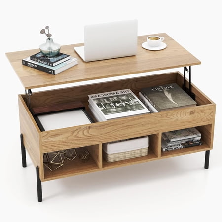 Lift Top Coffee Table with Metal Legs Rising Center Table w/Hidden Compartment & 3 Open Cubbies Multifunctional Wood Dining Working Table for Living Room Reception Room (Natural)