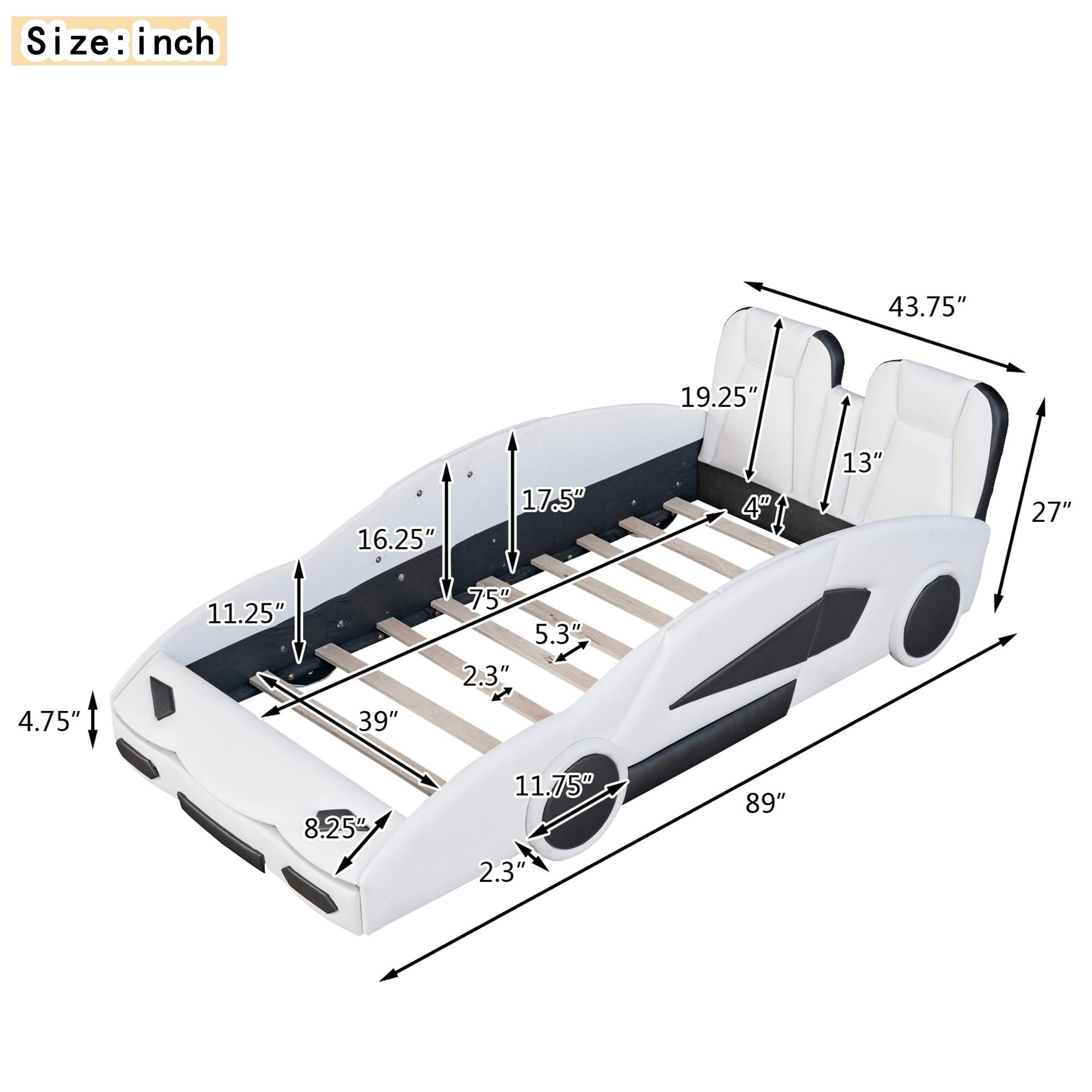 Bellemave Twin Size Race Car-Shaped Platform Bed with Wheels, Faux Leather Upholstered Boys Twin Race Car Bed,Twin Bed Frame with Slat Support（White)
