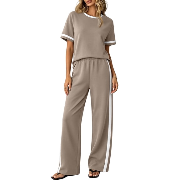Stralyhd 2 Piece Lounge Sets for Women Matching Set Summer Outfits Short Sleeve Tops Wide Leg Pants with Pockets Khaki XXL