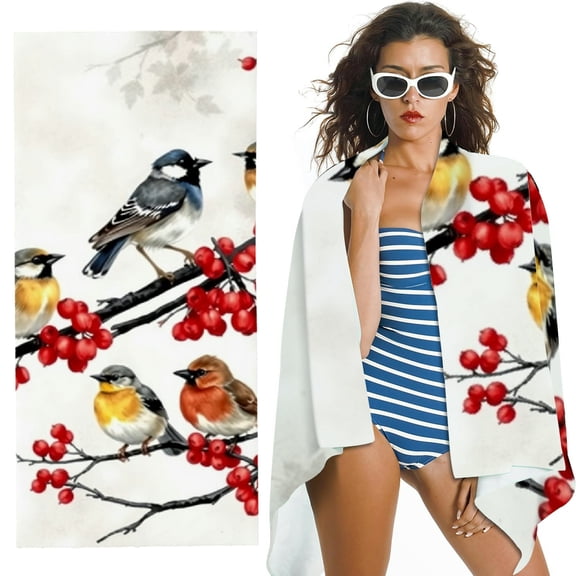 RKSupls Songbirds Red Berry Branch Microfiber Beach Towel, Extra Large Quick Dry Lightweight Absorbent Towel for Travel Swimming Camping, Soft Super Absorbent- 30x60 in