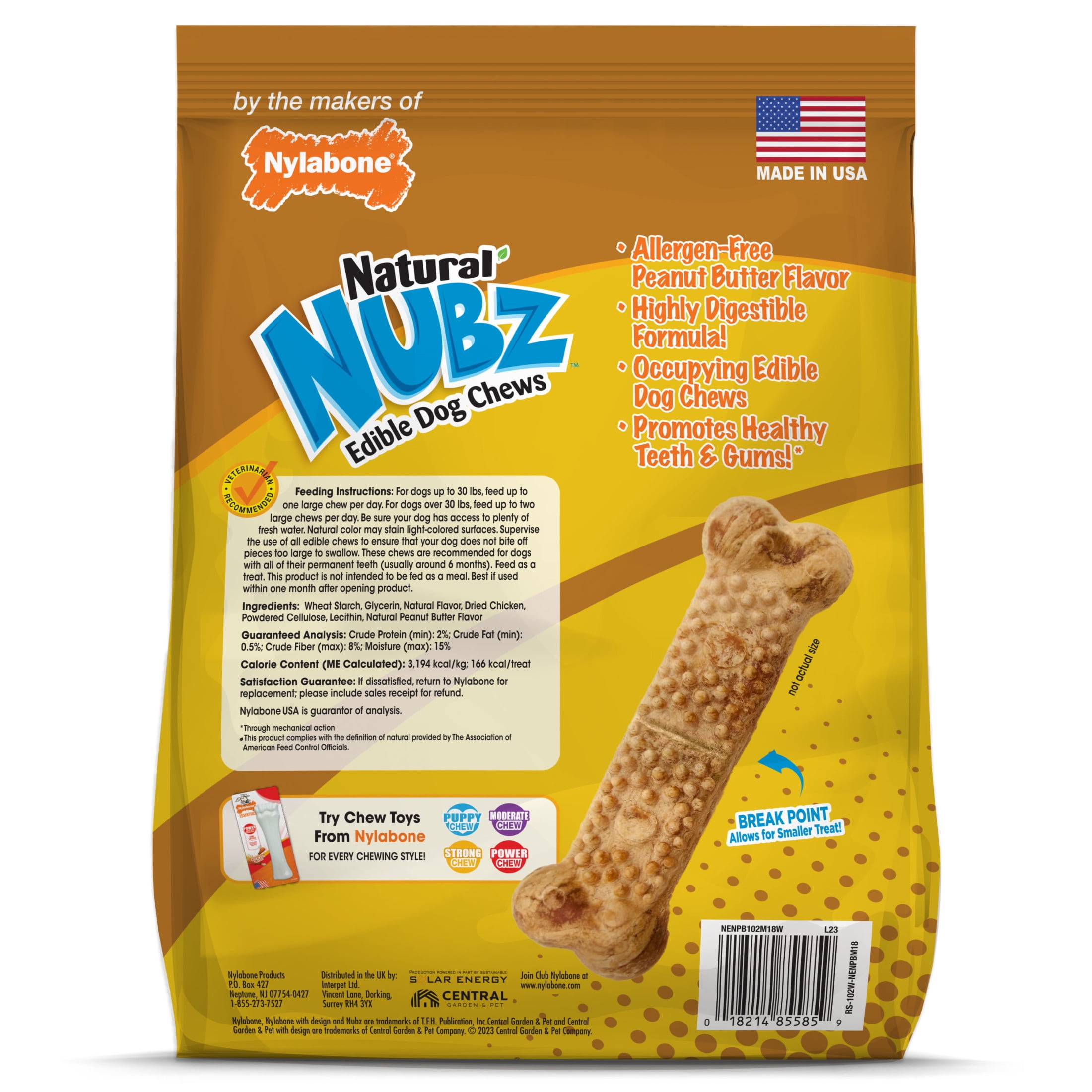 Nylabone Nubz Natural Edible Chew Treats for Dogs, Long Lasting Chews Made in USA, Peanut Butter Flavor, Large - Up to 30 lbs. (18 Count)