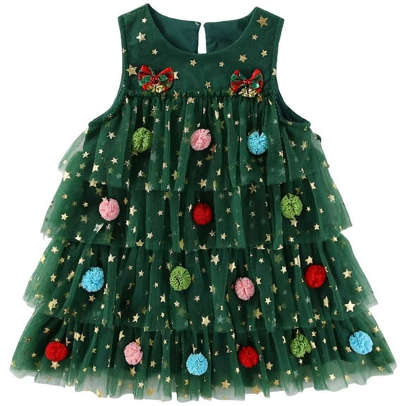 Staki Christmas Tutu Girls Toddler Girl Christmas Outfit Sleeveless Gingerbread Print Tulle Tutu A-Line Party Dresses for Girls(Green,3-4 Years)