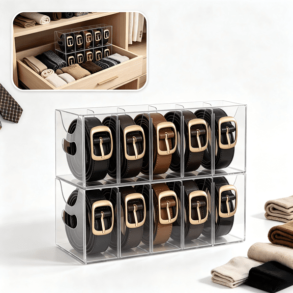 Stackable Belt Organizer 2-Pack, Clear 5-Compartment Drawer Storage Bin with Removable Dividers, Multi-Purpose Storage