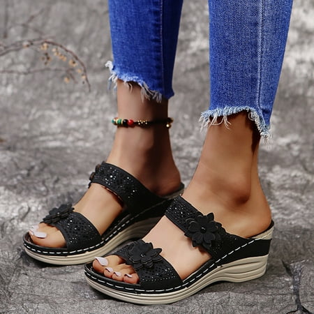 

keusn two band wedge slide sandal for women open toe breathable beach sandals slip-on casual wedges shoes black size 9