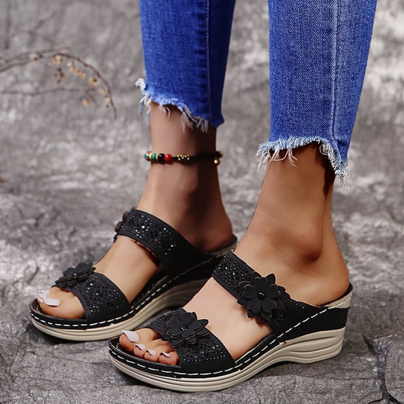 keusn two band wedge slide sandal for women open toe breathable beach sandals slip-on casual wedges shoes black size 9.5-10