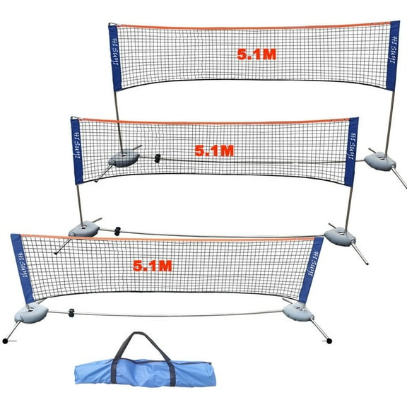 5.1m/17ft Portable Height Adjustable Badminton Volleyball Tennis Net Set Multi-purpose Sports Equipment with Poles Stand and Carry Bag for Kids Adult Outdoor Exercise