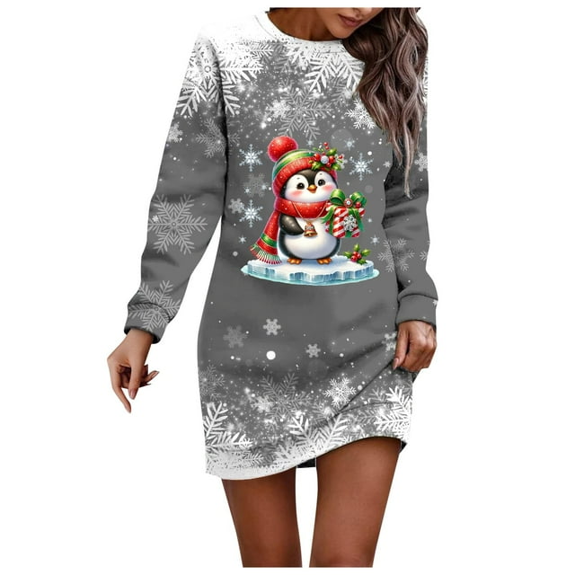 Wyzesi Robes de Soirée avec Manches Robe Chandail de Noël Imprimée pour Femmes Col Rond Manches Longues Ample Sans Capuche Robe Décontractée Robes d'Hiver pour Femmes Longue Décontractée